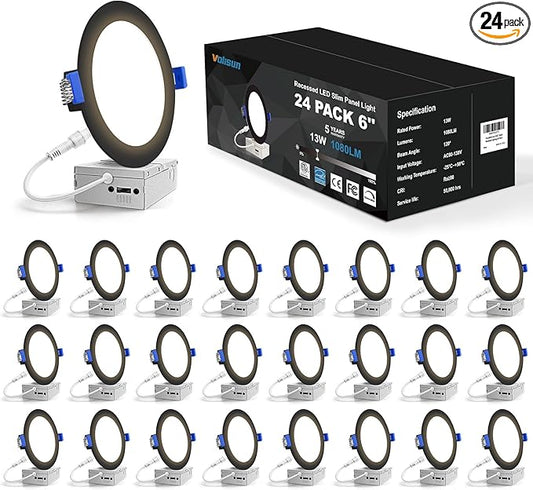 VOLISUN 24 Pack 6 inch Recessed Lighting, 5CCT LED Recessed Light Black, 2700K-5000K Selectable, 13W Eqv 120W, 1080LM Dimmable Canless Wafer Downlight, LED Ceiling Light ETL Certificated