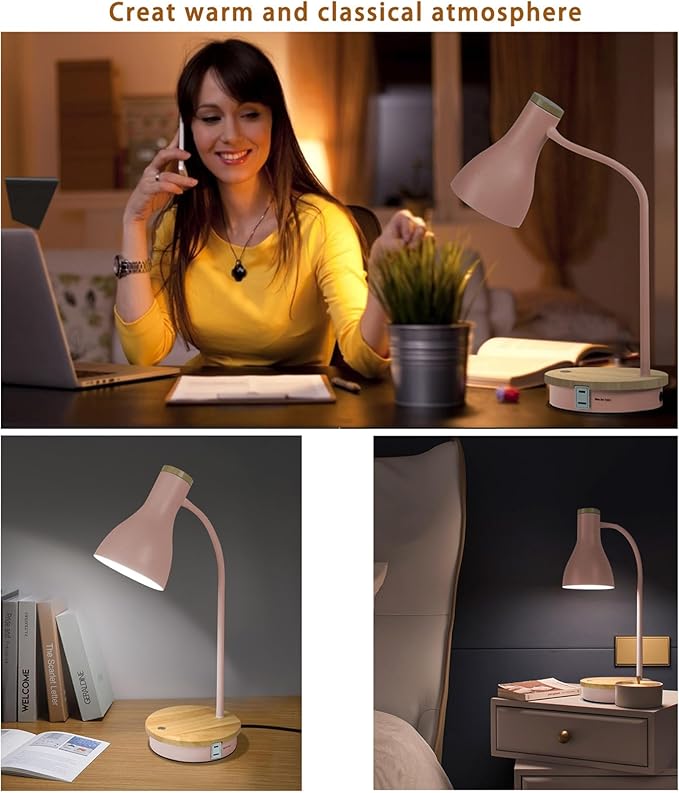 LALISU Metal Desk Lamp Wireless Charging Table Lamp Touch Reading Lights Arc Desk Lamps for Bedroom, 3 Way Dimmable Bedside Lamp with USB Charging Ports Lamp for Study Room and Office (Touch-Pink)