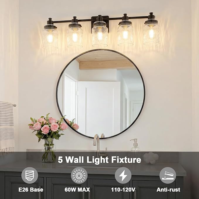 5 Lights Bathroom Light Fixtures Farmhouse Black Vanity Lights for Bathroom Lighting Fixtures Over Mirror with Hammered Glass Lampshade for Cabinet Mirror Bedroom Hallway