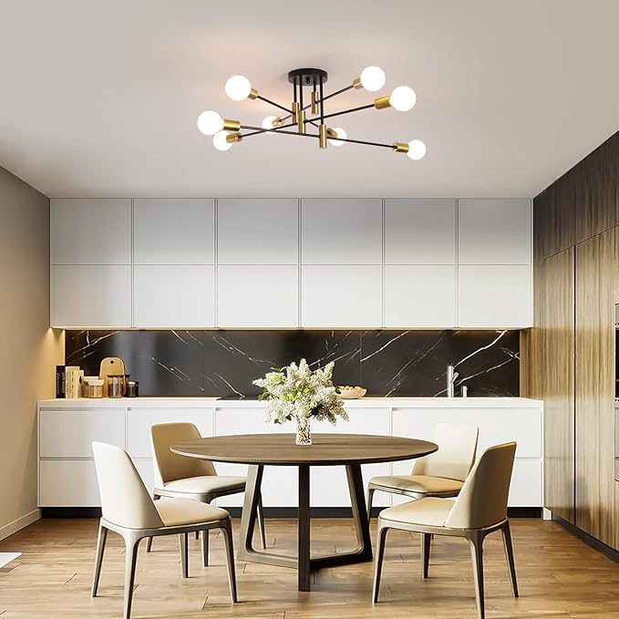 Garwarm 8-Light Black and Gold Sputnik Ceiling Light,Mid Century Semi Flush Mount Sputnik Chandelier Industrial Ceiling Lamp for Kitchen Dining Room Bedroom Foyer Entryway Hallway