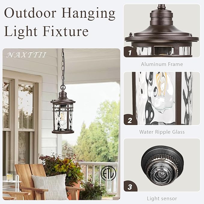 Outdoor Hanging Lantern Light Dusk to Dawn Hanging Porch Light Anti-Rust Aluminum Outdoor Chandelier for Front Door Gazebo E26 Socket Oil Rubbed Bronze Finish