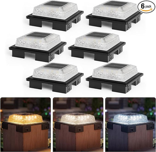 APONUO Solar Post Cap Lights, 3 Color Modes & 2 Brightness, Adjustable Base Fits 4x4 5x5 6x6 Posts (3.5-5.5 Inch), IP65 Waterproof, Deck & Fence Post Lights Solar Powered with Screws, Black, 6 Pack