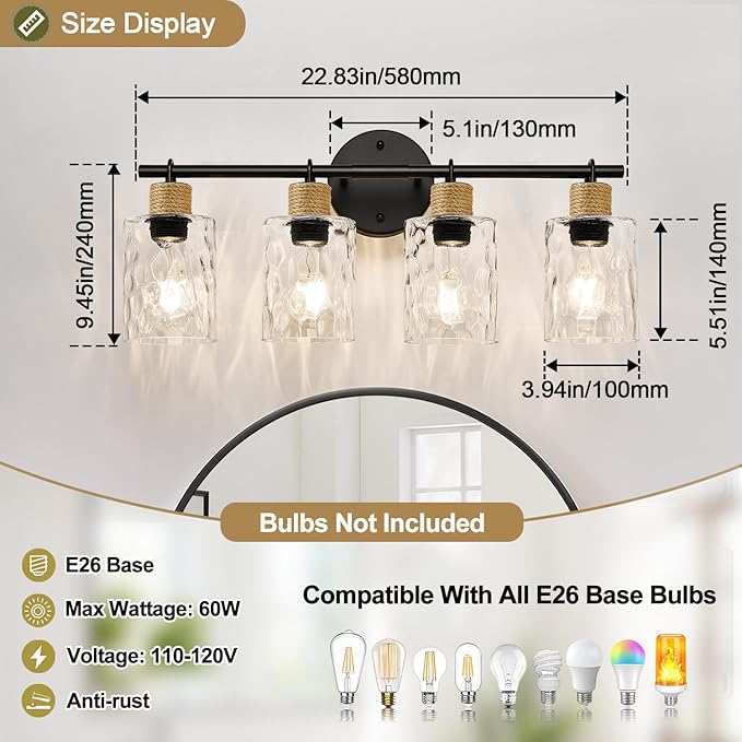 MOKATNG Bathroom Light Fixtures, 4-Light Coastal Vanity Lights with Crystal Glass Shade, Black Bathroom Wall Lamp for Mirror Kitchen Hallway Cabinet