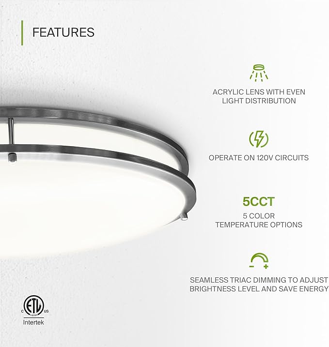 ASD LED 32" Oval Flush Mount Lighting, Close to Ceiling Light Fixture | 5CCT, Dimmable, ETL Listed | 50W 4195LM 2700-5000K 120V | Low Profile Double Ring Lamp | Nickel, 2 Pack