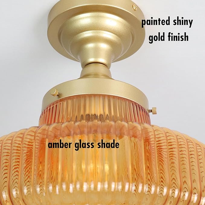 CLAXY Gold Ceiling Light Amber Glass Shade-Vintage Schoolhouse Light Fixture Semi-Flush Mount Dimmable for for Living Room/Bedroom/Dining Room/Kitchen