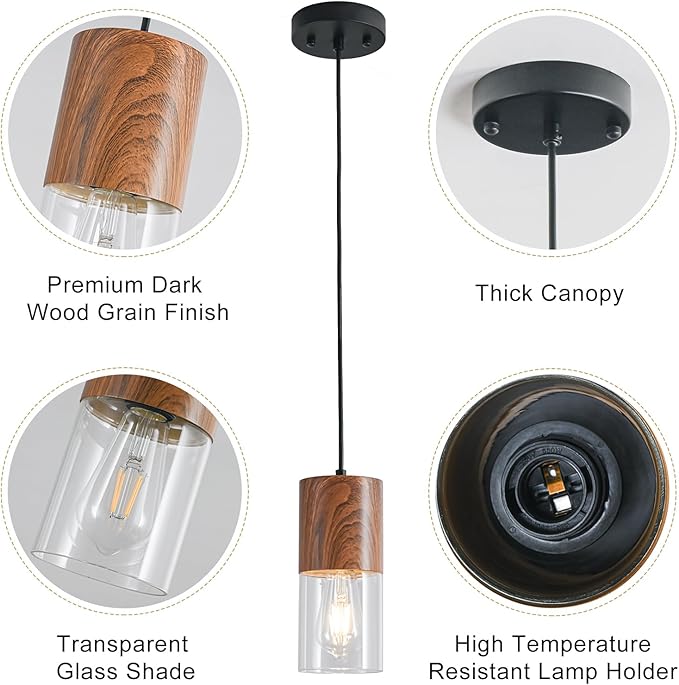 3-Pack Modern Pendant Lights for Kitchen Island, Adjustable Pendant Light Fixtures with Brown Wood Grain, Industrial Clear Glass Pendant Lights for Dining Table Hallway Bedroom Living Room