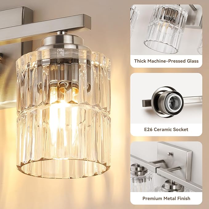 TALOYA 27 Inch Bathroom Light Fixtures,Modern 4-Light Brushed Nickel Vanity Lights with Wide Vertical Ribbed Thickened Glass Shade Wall Sconces for Mirror Makeup Room Hallway（Bulbs Not Included）