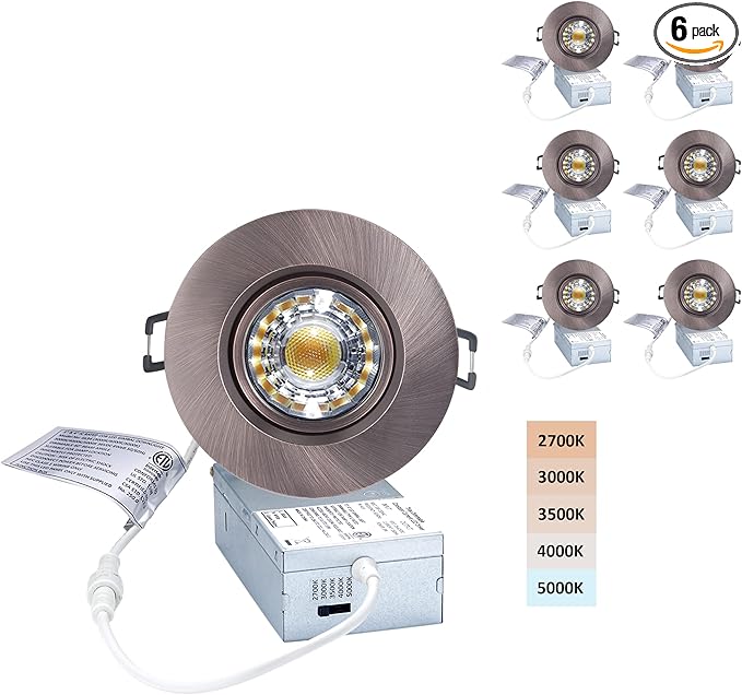 POPANU Premium Canless Recessed Gimbal Downlight Rotatable-Spotlight 5 CCT 3 Inch Eyeball Ceilling Potlight, Dimmable Recessed Lights Fixture with Junction Box, 8W, Oil Rubbed Bronze, 6P