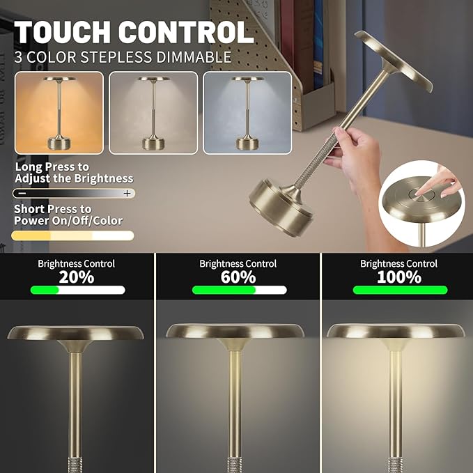 HAPYGI 5200mAh Rechargeable Cordless LED Table Lamps Touch Sensor Light, 3-Levels Portable Dimming Wireless Battery Operated Lamp,Night Light/Restaurant Table/Outdoor/Coffee/Bar (Sliver)