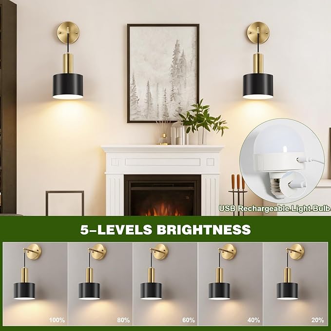 Battery Operated Wall Sconces Set of Two, Black & Gold Wireless Rechargeable Wall Lights with Remote, 15 Colors Dimmable LED Wall Lamps, Modern Cordless Sconce for Bedroom Living Room Hallway