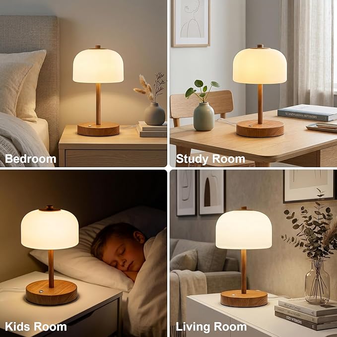 Oneach 9.5" Touch Control Table Lamp with USB A+C Charging Ports, Corded Wood Grain Dimmable LED Bedside Lamp with 3 Color Temperatures, Small Modern Table Lamps for Bedroom Nightstand Living Room