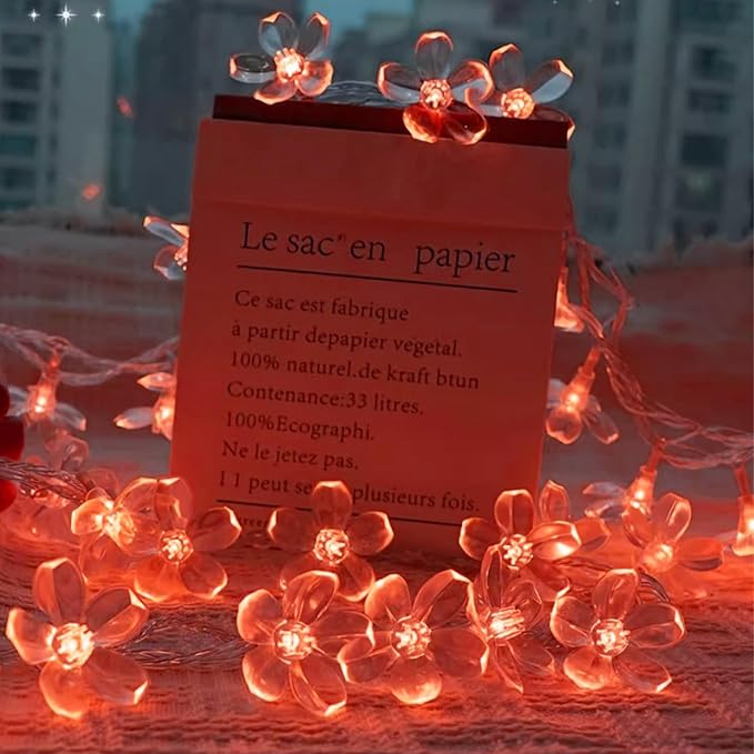 Battery & USB Operated 10ft Red Cherry Blossom Flower Fairy Lights String | Cute Flower String Lights With Timer For Bedroom, Party, Wedding, Christmas, Easter Tree Branch Hanging Romantic Decorations