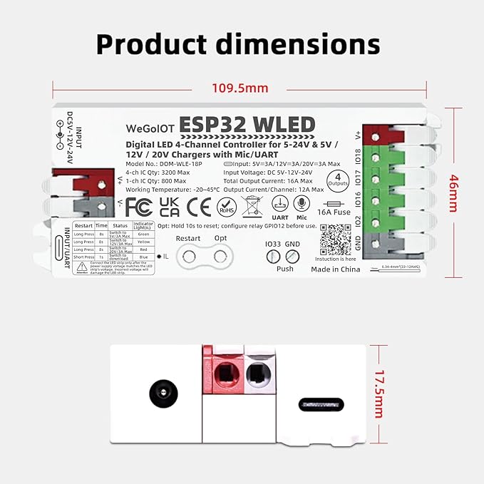 ESP32 WLED Controller with 16A Fuse for 5V-24V LED Strip Dynamic RGB IC DIY Port 4 Channel WiFi Controller App Control Easy Wiring FCOB Addressable Strip Light (DOM-WLE-18P with Mic/UART)