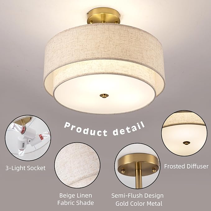 16" Semi Flush Mount Ceiling Light Fixture,Modern Close to Ceiling Light, 3-Lights Gold Drum Ceiling Light with Linen Fabric Shade for Bedroom Living Dining Room Hallway Entryway Foyer