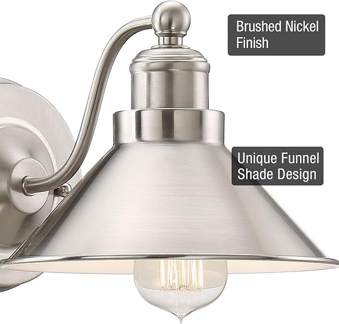 Kira Home Welton 11" Modern Farmhouse Vanity Light with Funnel Shade, Industrial Silver Wall Sconce Bathroom Light, Brushed Nickel Finish