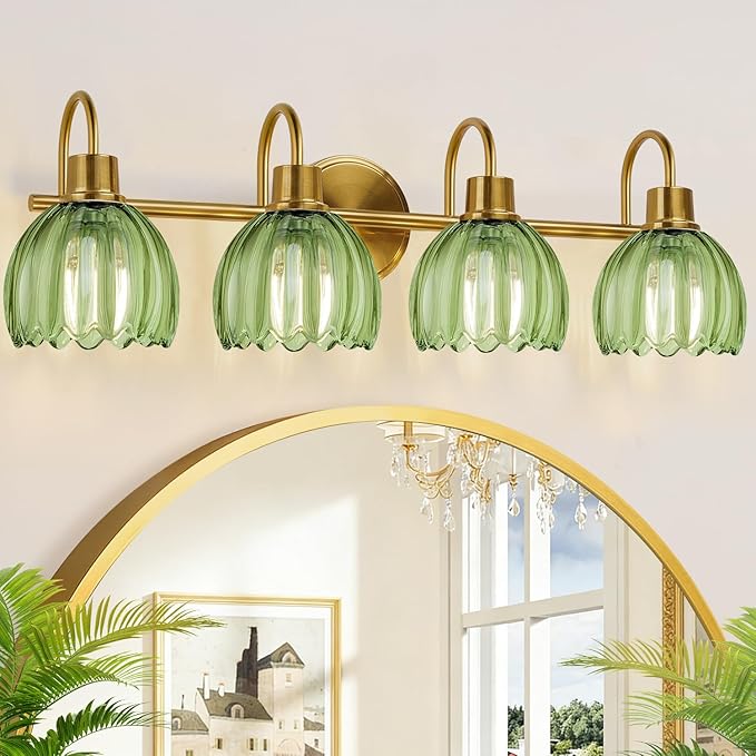 4-Light Bathroom Light Fixtures, 27" Brushed Gold Vanity Lights for Bathroom with Ribbed Green Tulip Glass Shade, Vintage Bathroom Vanity Lighting Fixtures Over Mirror for Bedroom Living Room Hallway