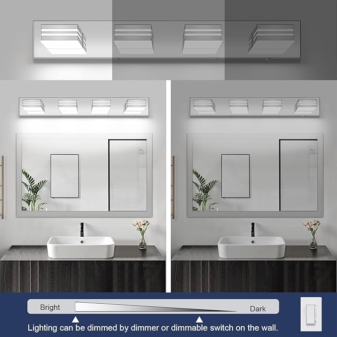 LED Modern Bathroom Vanity Light Fixtures (4-Light, 30-Inch)(5CCT, Dimmable), Chrome Modern Bathroom Wall Lighting Fixtures Over Mirror (3000K/3500K/4000K/5000K/6000K)