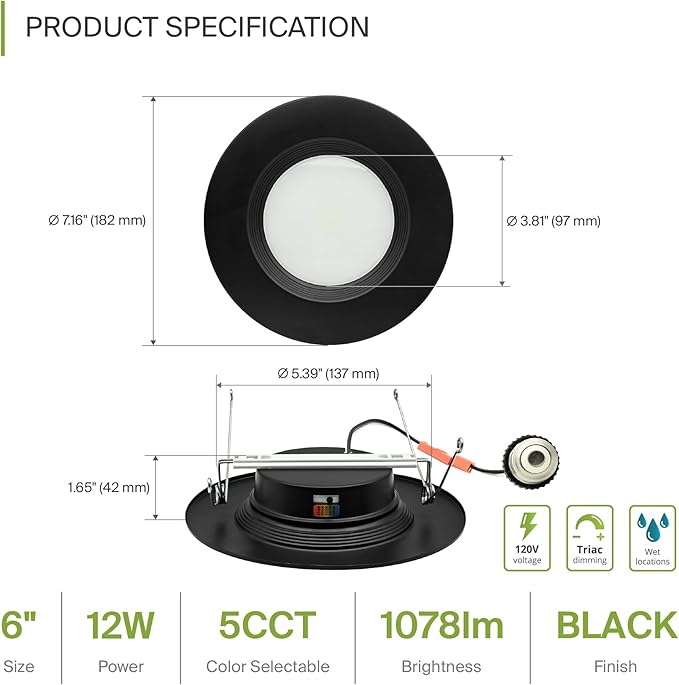 ASD 12 Pack Black Retrofit LED Recessed Lighting 6 Inch - 12W 2700K-5000K 1078LM Can Lights for Ceiling 6 Inch, Dimmable Black Recessed Lights, Baffle Trim Wet Rated Wafer Lights, ETL Energy Star