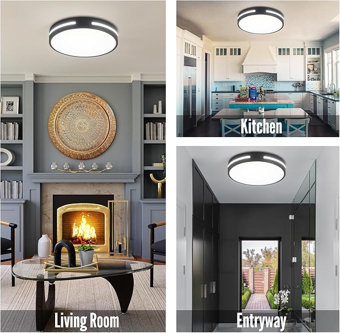 LED Ceiling Light Flush Mount 24W, Black Kitchen Light Fixture Ceiling Mount Dimmable, 12 inch Close to Ceiling Light Fixture 5CCT for Bedroom, Bathroom, Living Room