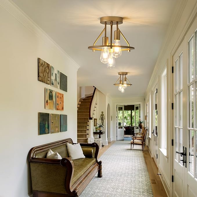 Gold 3-Light Semi Flush Mount Ceiling Light Fixture Metal Farmhouse Vintage Chandelier Circle Ceiling Lamp for Bathroom Kitchen Dining Room Laundry Room Foyer Closet Stairwell