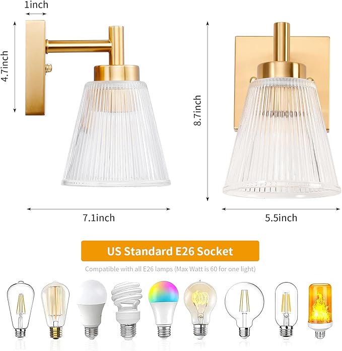 OCIOC Gold Hardwired Wall Sconces Set of Two, Modern Glass Wall Lights for Bathroom, Wall Mounted Light for Bedroom, Living Room, Hallway, Cabinet Porch