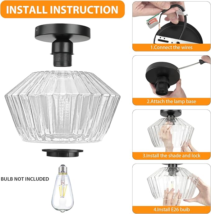 FRIDEKO HOME Semi Flush Mount Ceiling Light - Glass Hallway Lighting Fixtures Ceiling Black Ceiling Light Fixture for Hallway Bedroom Kitchen Bathroom Entryway (Black)