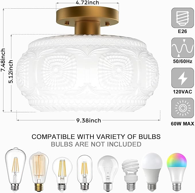 Semi Flush Mount Ceiling Light, Milk Glass Shade Modern Ceiling Light Fixture, Vintage Gold Lighting for Hallway Bedroom Entryway Kitchen Porch