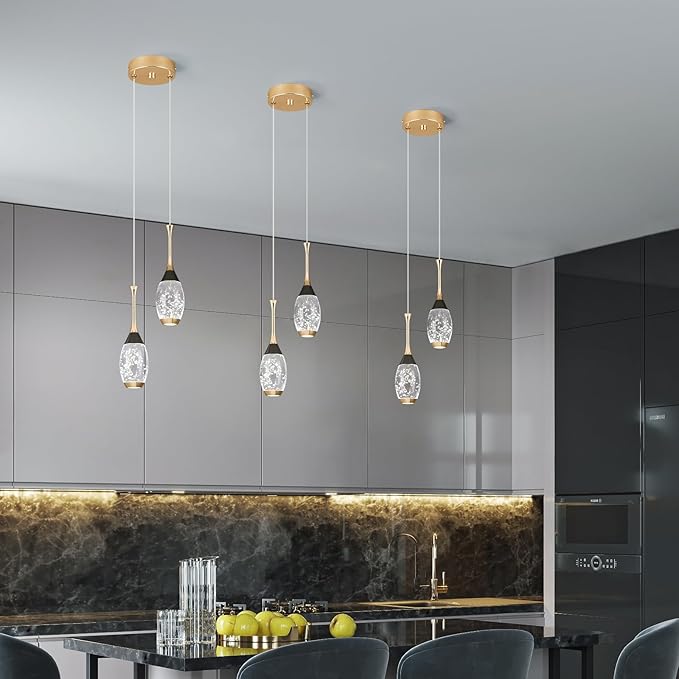 Modern Black Gold Pendant Light Dimmable LED Ceiling Light Fixtures Mini Teardrop Crystal Pendant Lighting for Kitchen Island Bedroom Hallway Entryway (2 Light，Champagne Gold)