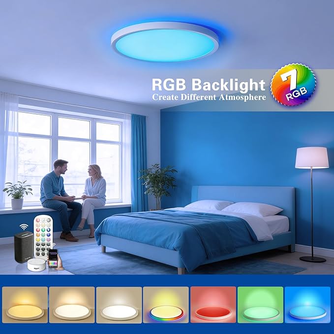 RGB Led Ceiling Light 12 Inch - RGB Rear Color, Flush Mount Ceiling Light for Bedroom Living Room,White, 2-Pack