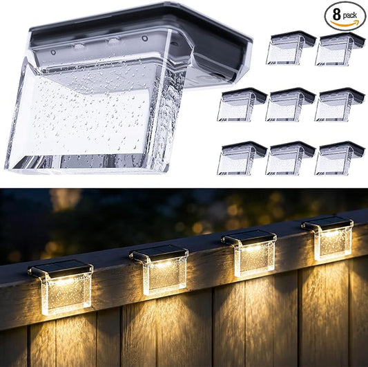 Qualdout Solar Deck Lights 8 Pack, IP65 Waterproof Solar Step Lights Outdoor, Warm White Solar Fence Lights with Crystal Acrylic Lens, Dusk to Dawn LED Lights for Stairs, Railing, Patio, Pool, Yard