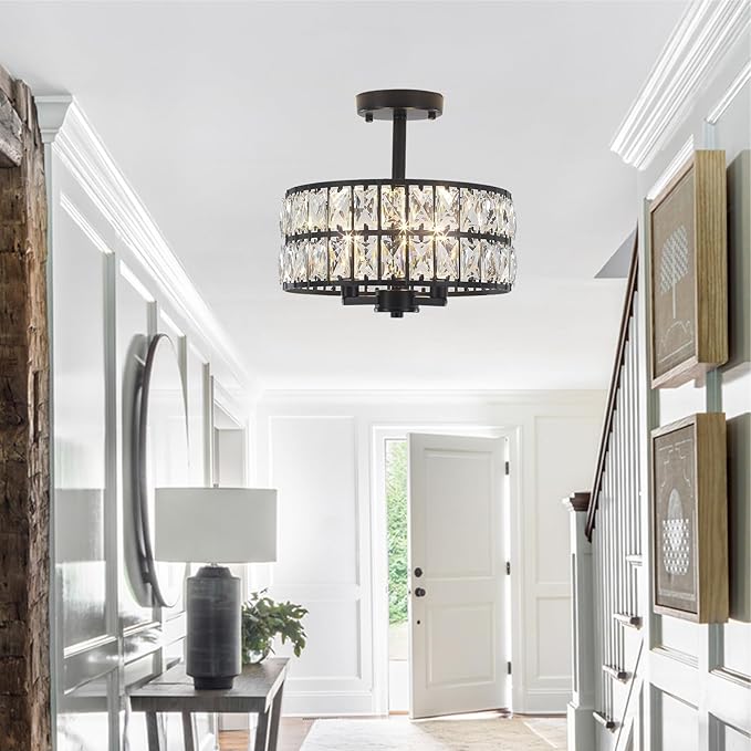 Crystal Ceiling Light Fixture, 12.6" Black Semi Flush Mount Ceiling Lights for Bedroom 3-Lights Modern Farmhouse Drum Round Crystal Chandelier for Entryway, Foyer, Dining Room, Kitchen, Hallway