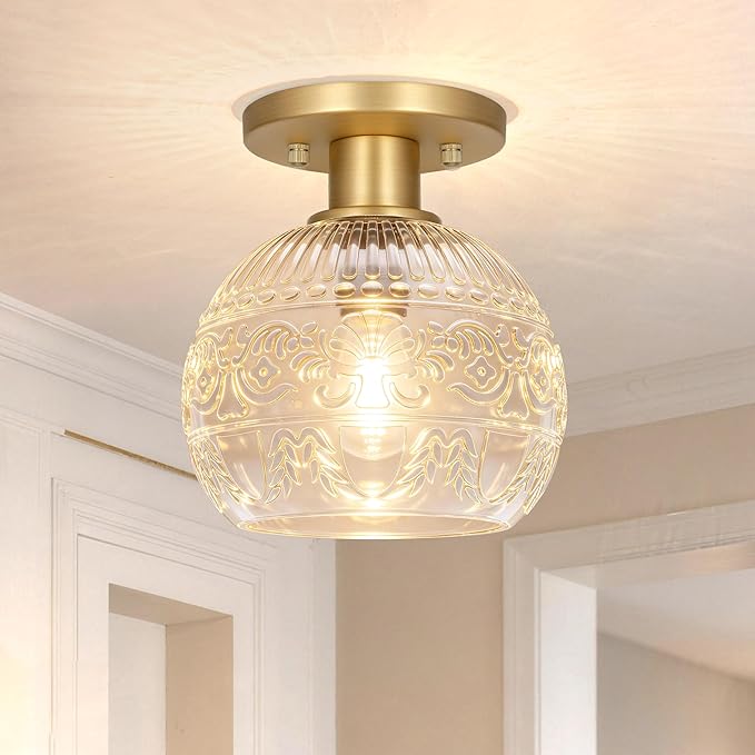 Brass Gold Semi Flush Mount Ceiling Light Fixture, Farmhouse Bathroom Light with 7.09in Glass Shade, Vintage Hallway Lights Fixture, Small Close to Ceiling Lighting for Porch Corridor Kitchen Entryway