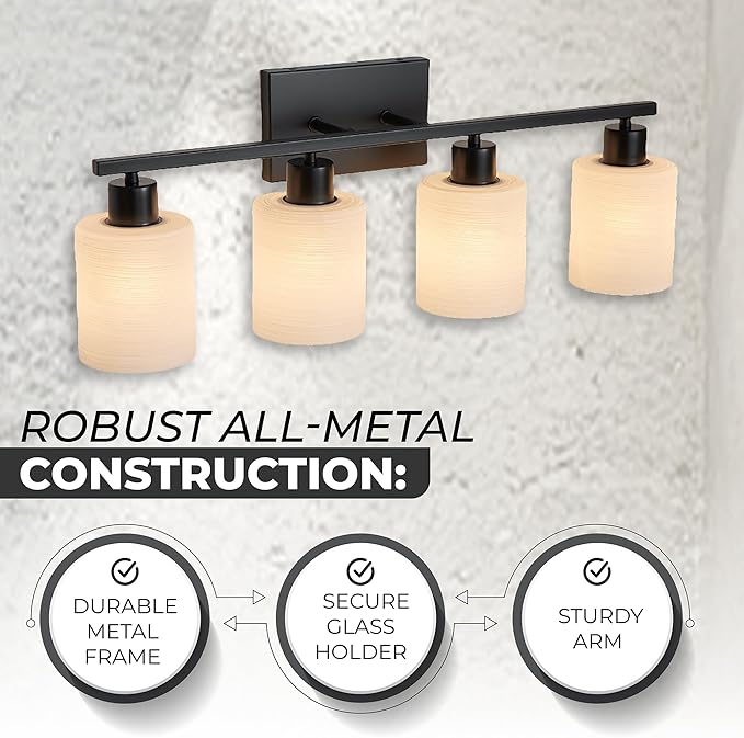 The Door Bull Modern Bathroom Vanity Light, Milky White Glass Shades, Wall Sconce for Bedroom & Living Room, E26 Socket, Over Mirror Lighting Fixture (Matte Black, 4 Lights)