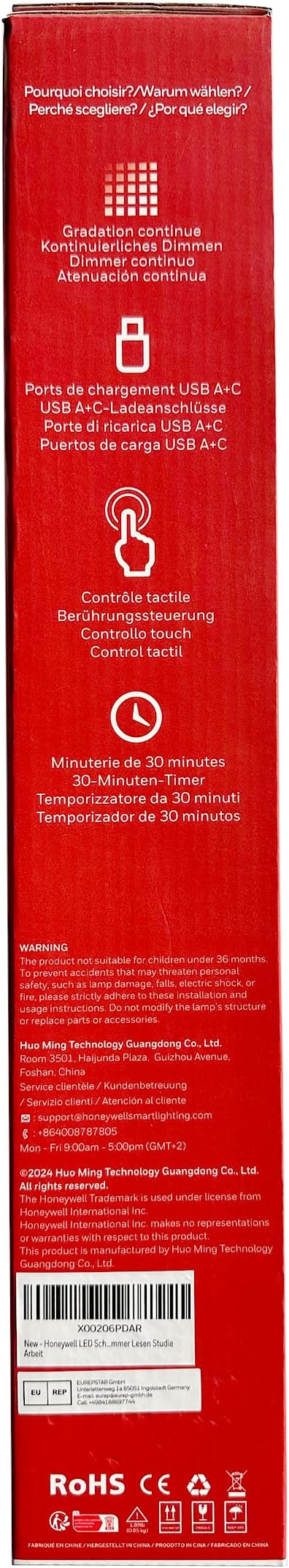 Honeywell LED Desk Lamp for Home Office, Eye-Caring Light with 4 Color Modes & Touch Control, USB A+C Charging Ports, Adjustable Rotating Head with Timer for Reading, Bedroom & Small Desks