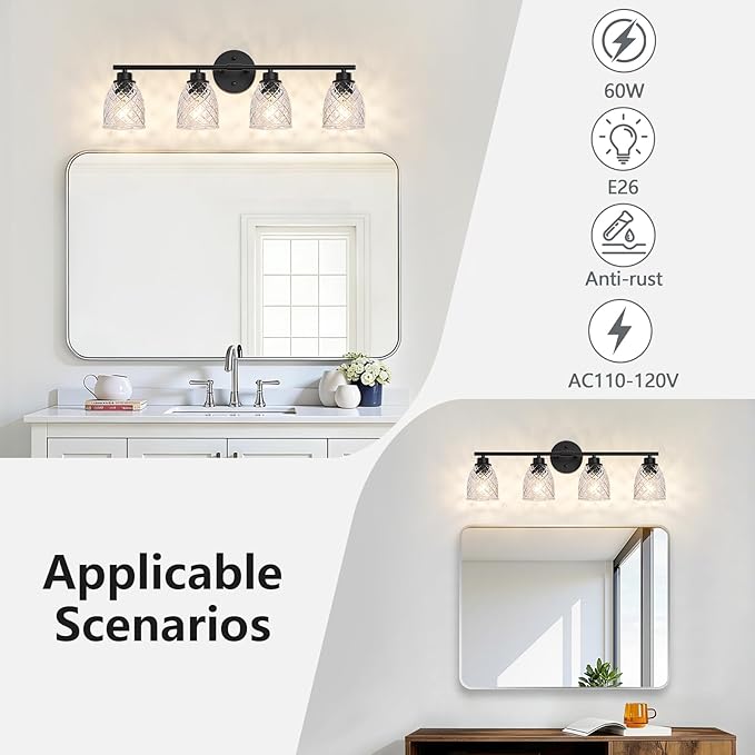 4-Light Bathroom Light Fixtures, Modern Black Vanity Light Over Mirror, Wall Sconce with Clear Hammered Glass Shades, E26 Base (Bulbs Not Included)