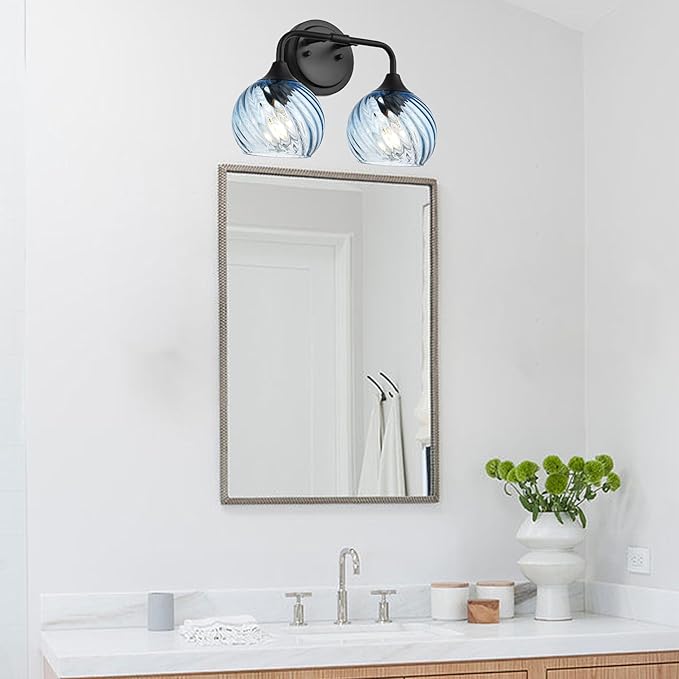 MELUCEE 15 Inch 2 Light Bathroom Wall Lights with Blue Striped Swirl Glass Shade, Black Bathroom Lights Over Mirror Vanity Lighting Fixtures Wall Lamp for Bathroom, Living Room, Hallway