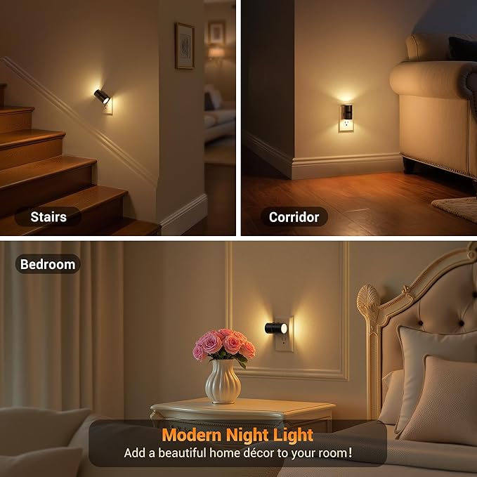 JandCase Motion Night Light, Rotating Night Lights Plug into Wall, 3 Colors 3000K-5000K-Amber, Dusk to Dawn & Motion Sensor, 3 Level Brightness Nightlight for Bathroom Bedroom Hallway [2 Pack]