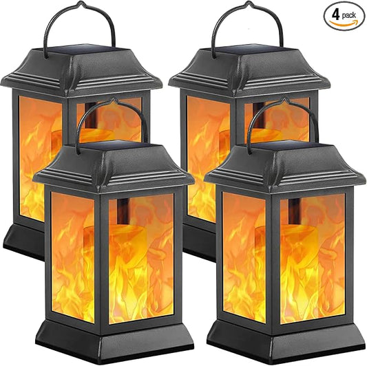 TomCare Solar Lights Metal Flickering Flame Solar Lantern Outdoor Hanging Lanterns Decorative Lighting Heavy Duty Solar Powered Waterproof Umbrella Lighting for Garden Yard Patio Deck, 4 Pack（Black）