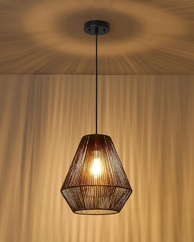 ELYONA Modern Woven Pendant Light Fixtures 11.8" Farmhouse Coastal Hanging Lamp Matte Black Handwoven Rattan Basket Shade Boho Pendant Light for Kitchen Island Dining Room Bar Bedroom Foyer Hallway