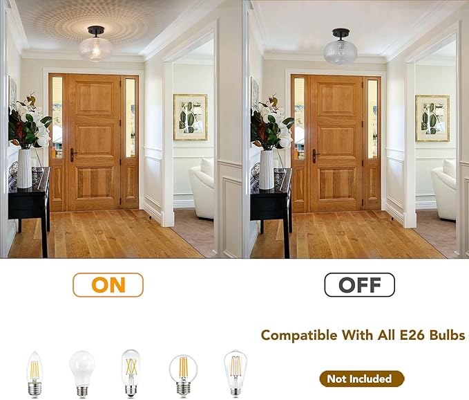 Modern Black Flush Mount Ceiling Light Fixtures,Hammered Globe Lighting Adjustable Hanging with Seeded Glass Lampshade for Entryway Bedroom Kitchen Hallway Laundry Room,E26 1-Light Lamp,9.84 In
