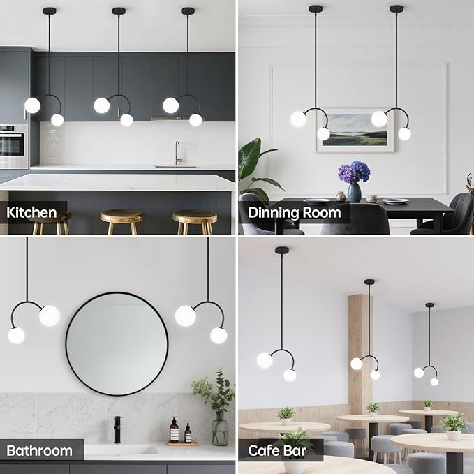 Modern Pendant Light Fixtures, 4.72" Milk Glass Pendant Lights Kitchen Island, Matte Black Kitchen Island Chandeliers for Dining Room, 2 Round Globe-2 Pack,G9 Bace(Bulb Not Included)