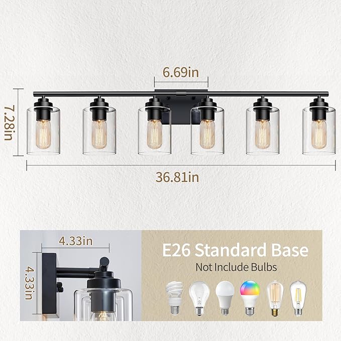 SKEJAO Bathroom Vanity Light Over Mirror,Vanity Light for Bathroom,Bathroom Light Fixture Wall Sconce Lighting for Bedroom,Living Room (Black, 6-Light)