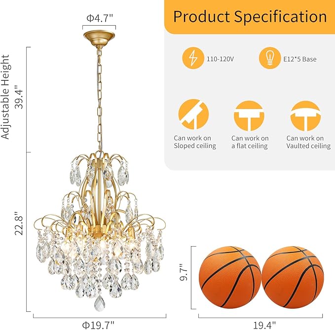 WUZUPS 5-Light Crystal Candle Chandelier Pendant Ceiling Modern Lighting Fixture for Bedroom Hallway Bar Kitchen Bathroom, H 22.8" W19.7, E12 Base, Gold