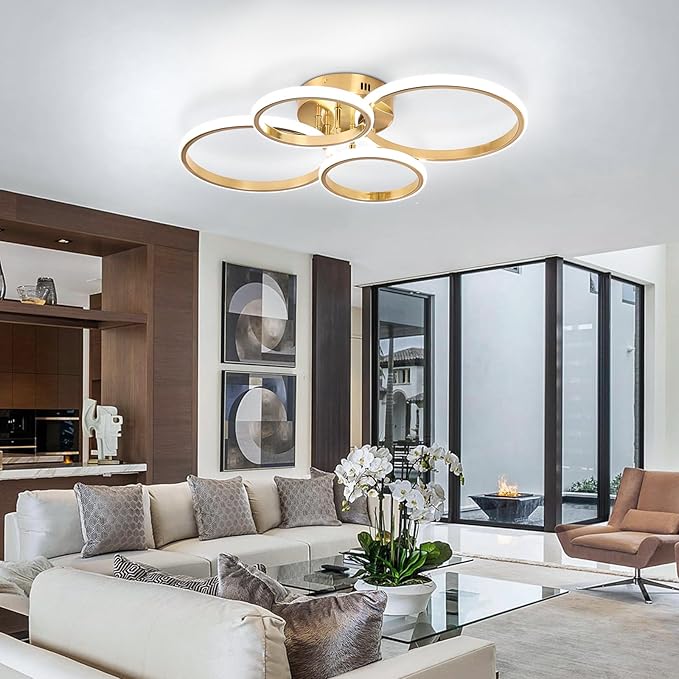Dimmable Modern LED Ceiling Light, 4 Rings 3000K-6000K LED Gold Close to Ceiling Light, Flush Mount Ceiling Lights Fixture for Bedroom, Kitchen, Laundry Room,Office