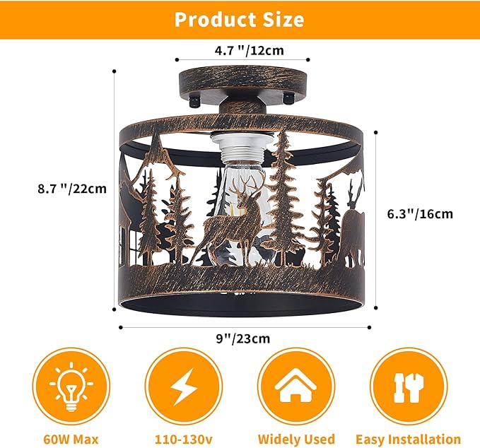 Rustic Semi-Flush Ceiling Light, 9.1" Black Metal Fixture with Deer, Bear & Cabin Design, Farmhouse Lighting with E26 Base for Bedroom, Living Room, Hallway, or Entryway