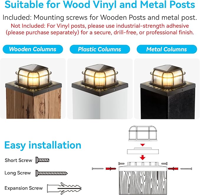 Solar Post Light 6 Packs with 4x4, 5x5 and 6x6 Inches Base for Vinyl/Wooden Posts, Bright 16 LEDs Solar Cap Lights with Two Light Modes for Decorating Deck, Patio, Porch, Fence (Black)