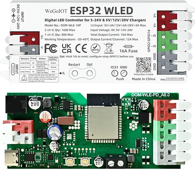 ESP32 WLED Controller with 16A Fuse for 5V-24V LED Strip Dynamic RGB IC DIY Port WiFi App Control Easy Wiring FCOB Addressable Strip Light (DOM-WLE-10P)