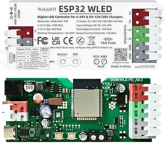 ESP32 WLED Controller with 16A Fuse for 5V-24V LED Strip Dynamic RGB IC DIY Port WiFi App Control Easy Wiring FCOB Addressable Strip Light (DOM-WLE-10P)