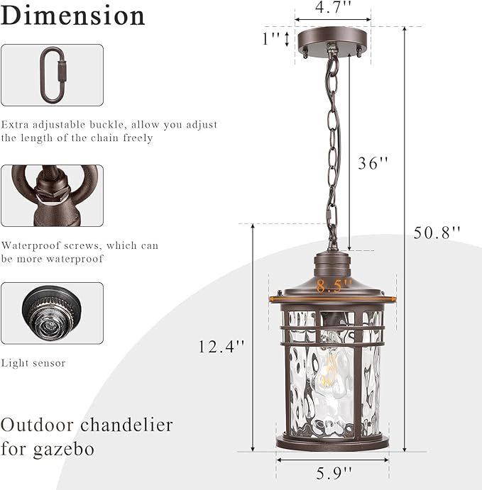 Large Outdoor Pendant Light Dusk to Dawn Hanging Porch Light Anti-Rust Aluminum Exterior Hanging Lighting Fixtures for Front Door Gazebo E26 Socket Oil Rubbed Bronze Finish