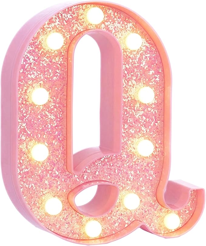 Pink Marquee Light Up Letters, Glitter Alphabet LED Letter Lights for Pink Birthday Party Decorations, Battery Operated Letter Sign for Girls Room Vanity Table Decor, Warm White Lights Letter Q